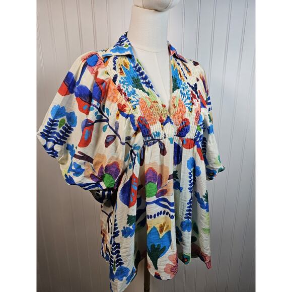 Entro Vibrant Floral Smocked Blouse Women's Size S Bohemian Colorful Party - Picture 3 of 11